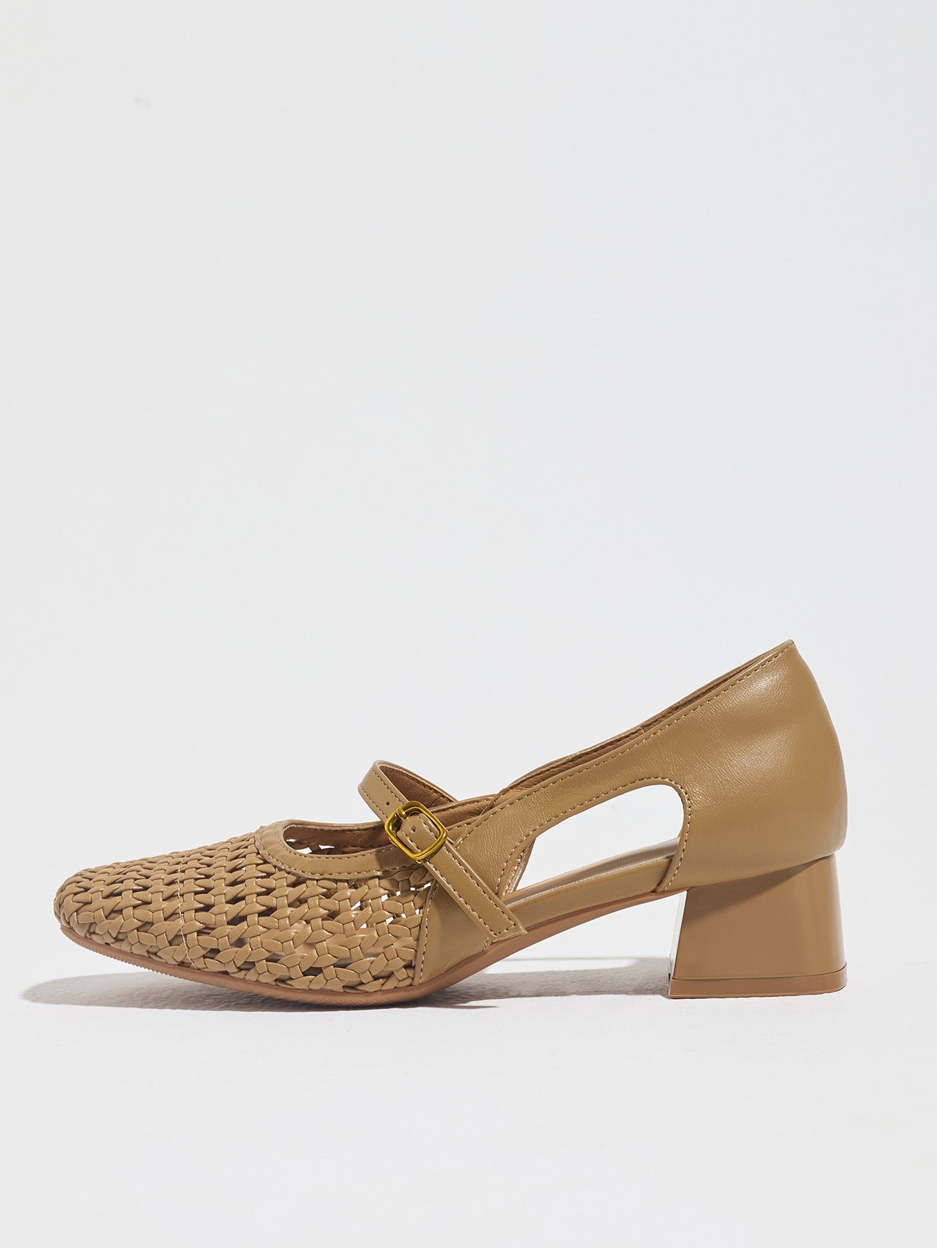 Mescini taupe woven square toe mary jane heels, one shoe seen from the side, US women's sizes