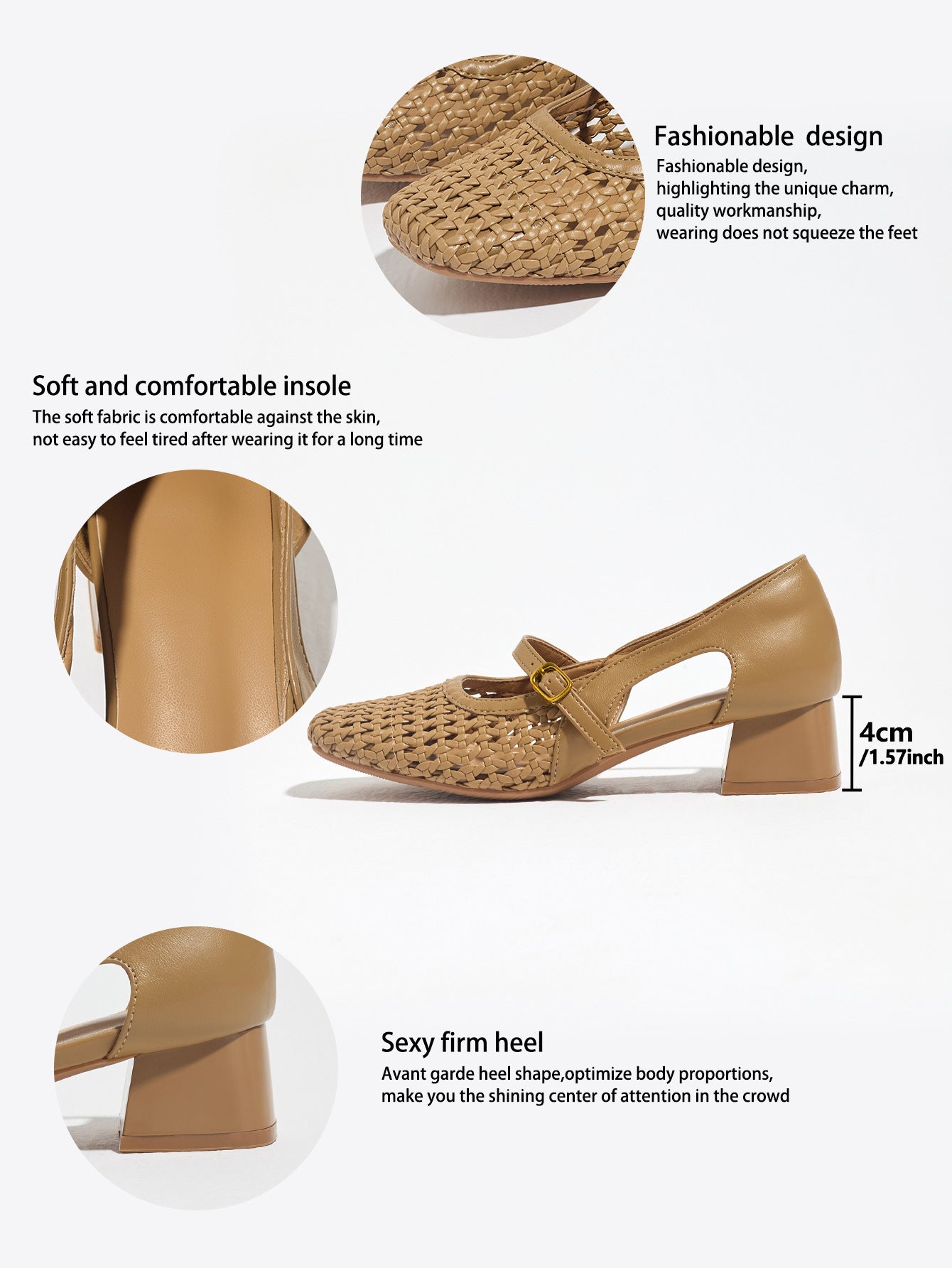 Mescini taupe woven square toe mary jane heels, spec panel with 4 cm height, US women's sizes