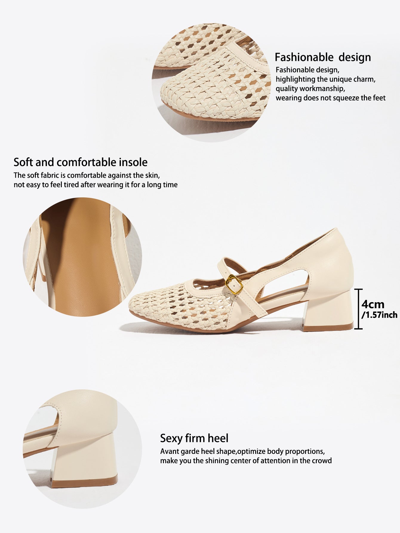 Mescini white woven square toe mary jane heels, feature panel with 4 cm height, US women's sizes