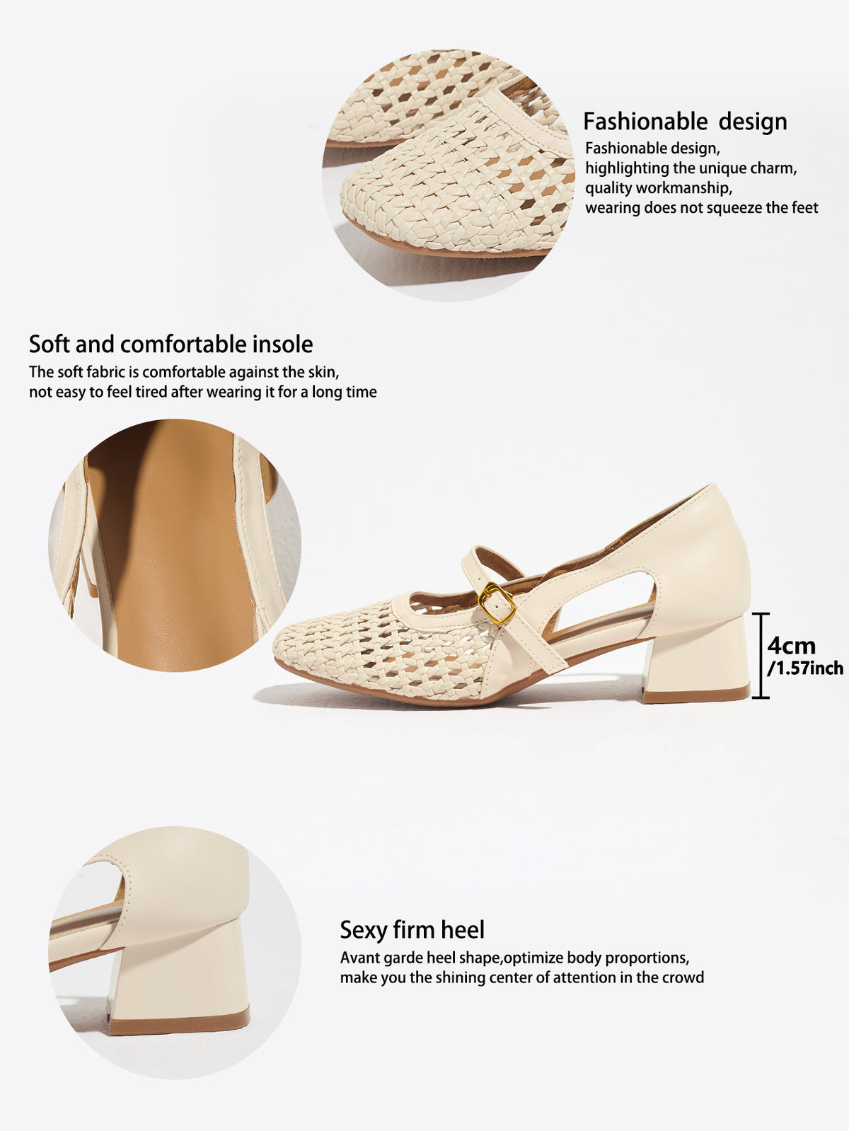 Mescini white woven square toe mary jane heels, feature panel with 4 cm height, US women's sizes
