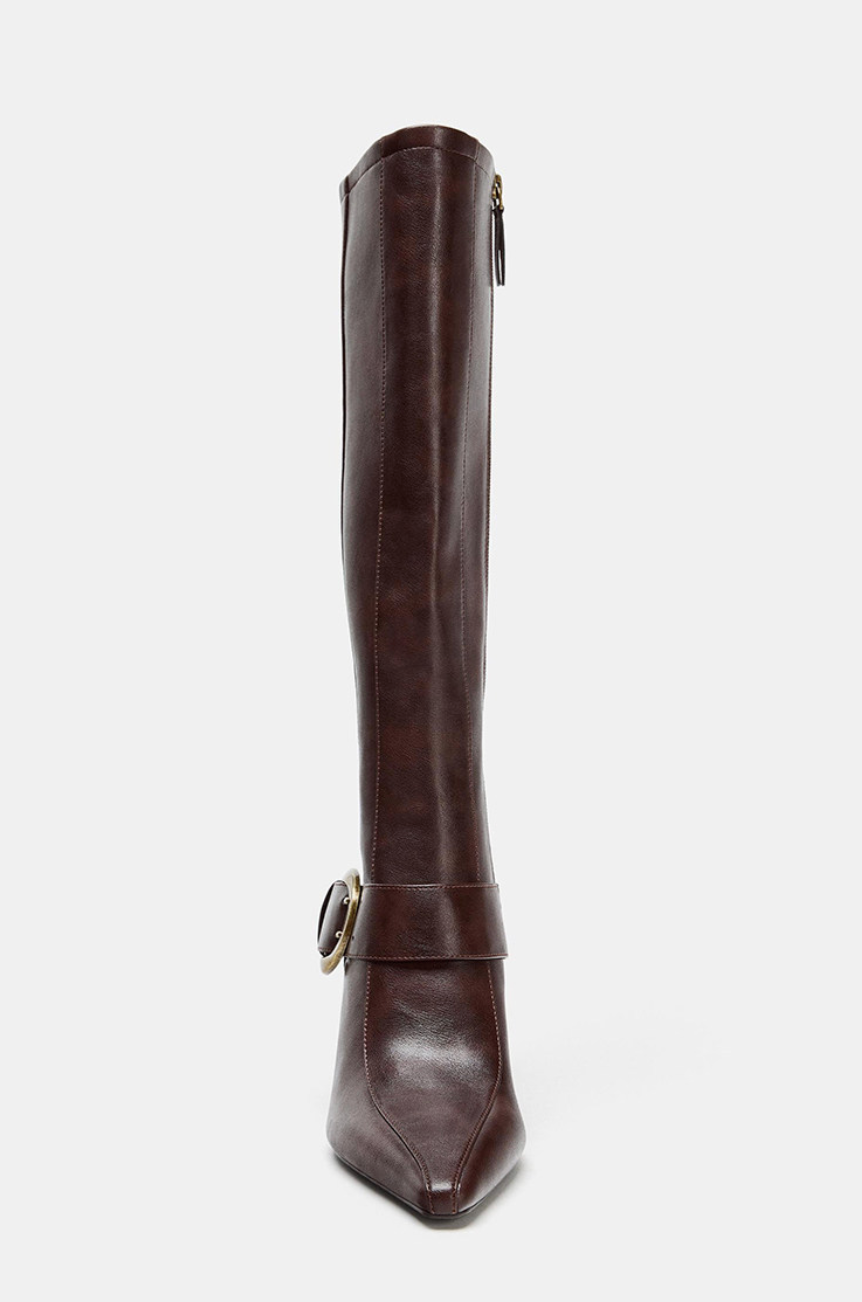 Mescini brown buckled pointed toe knee high boots, front view of a single shaft, US women's sizes
