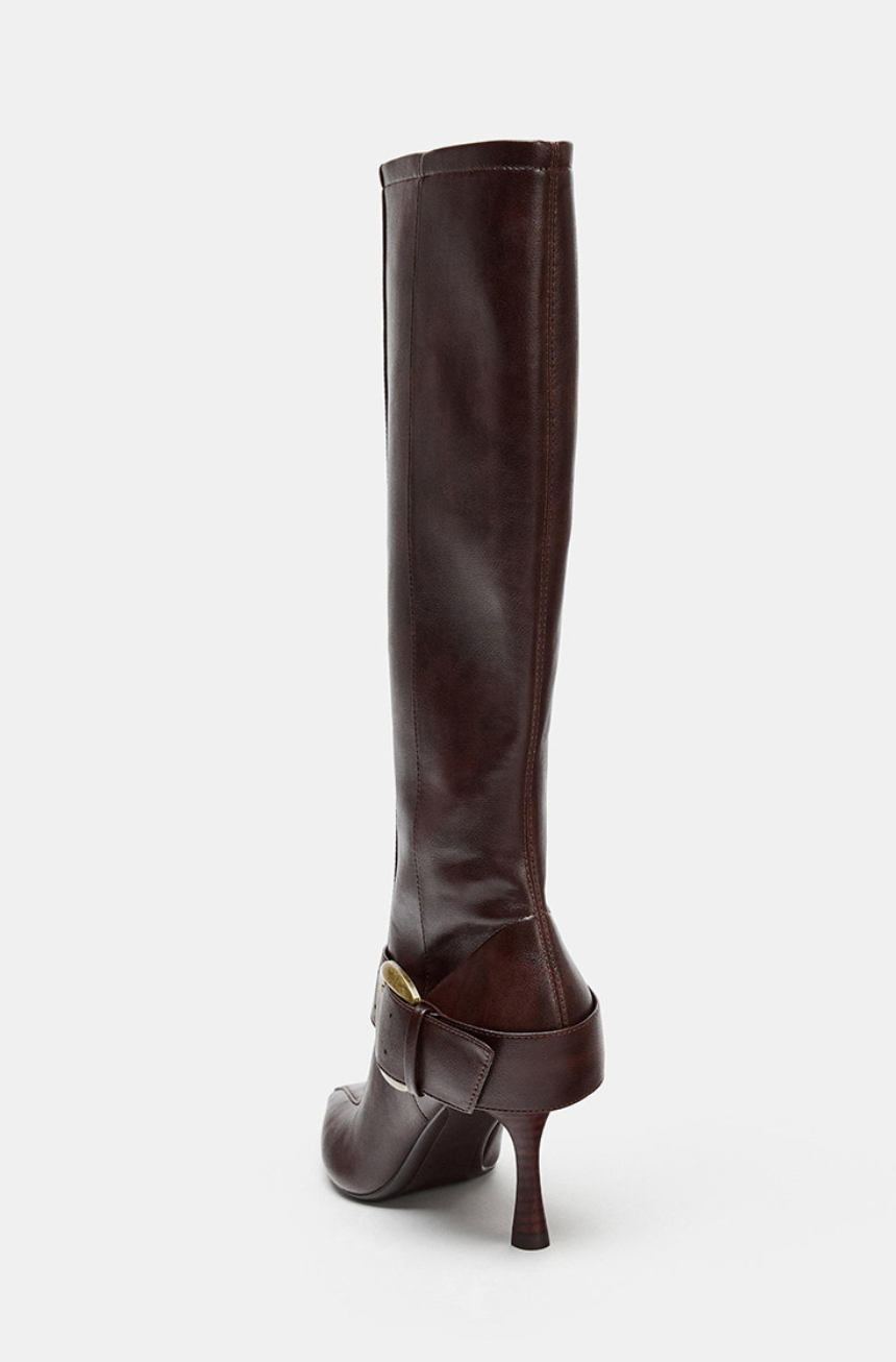 Mescini brown buckled pointed toe knee high boots, back view of a single shaft, US women's sizes