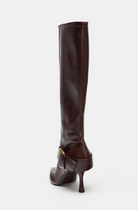 Mescini brown buckled pointed toe knee high boots, back view of a single shaft, US women's sizes