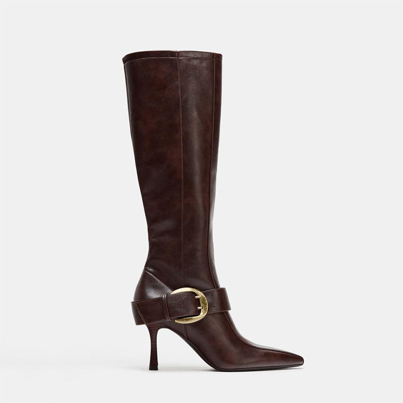 Mescini - brown pointed toe knee high boots, full side view of the buckled shaft, US women's sizes