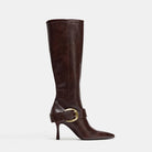Mescini - brown pointed toe knee high boots, full side view of the buckled shaft, US women's sizes