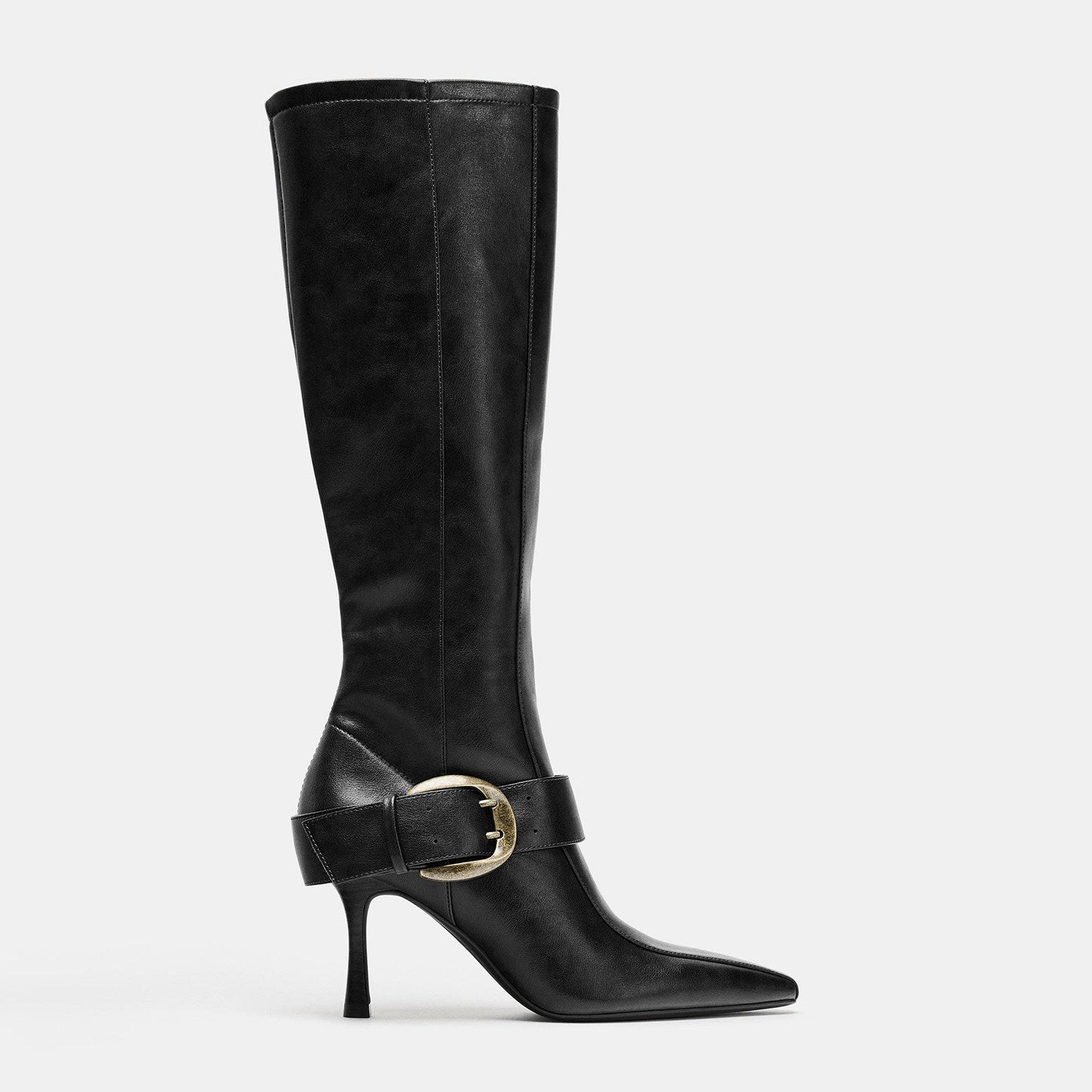 Mescini black buckled pointed toe knee high boots, single shoe at an angle on grey, US women's sizes
