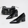Mescini - black pointed toe block heel pumps with a shoulder bag, angled pair, US women's sizes
