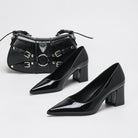 Mescini - black pointed toe block heel pumps with a shoulder bag, angled pair, US women's sizes