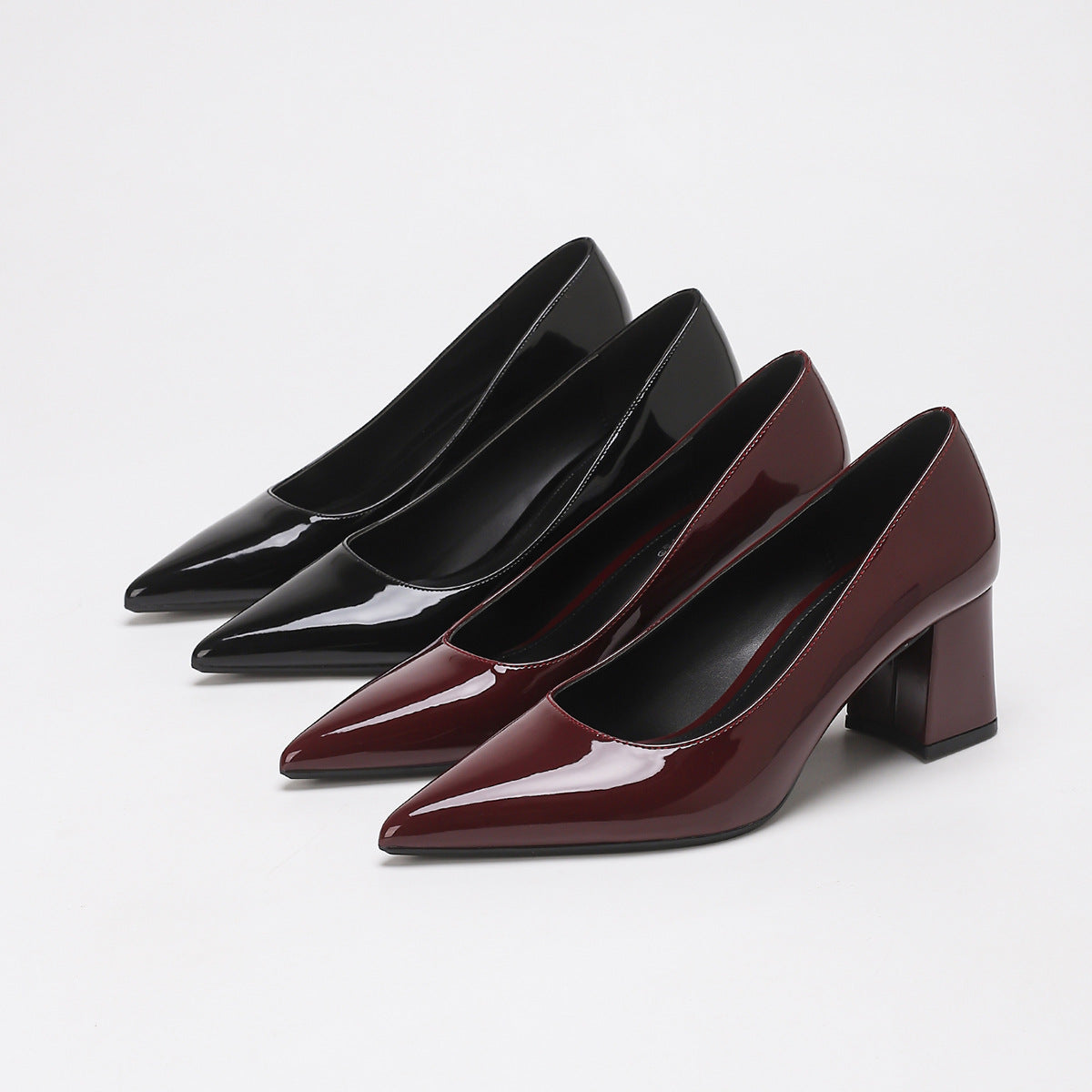 Mescini - black and burgundy pointed toe block heel pumps side by side, US women's sizes