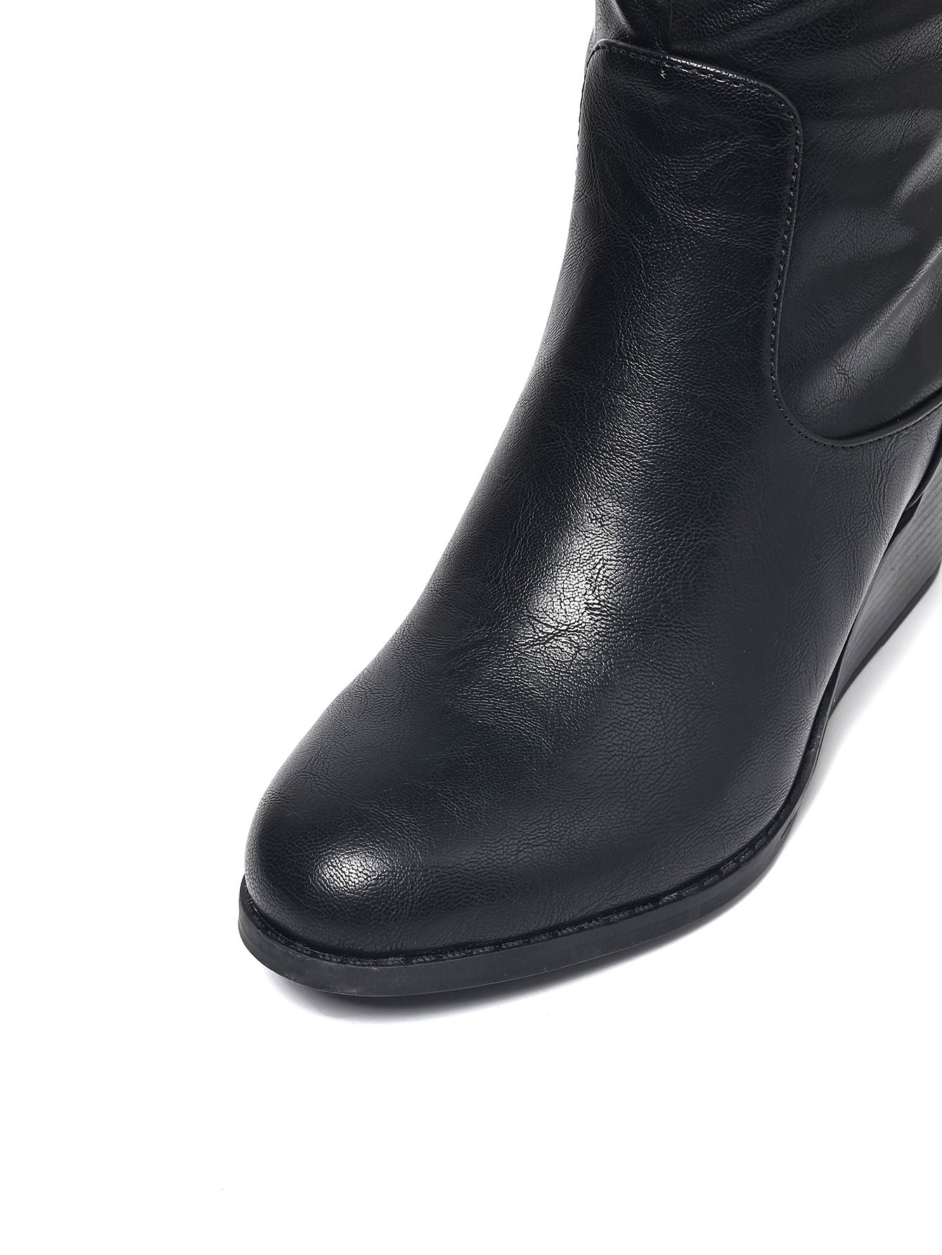 Mescini black slouchy wedge knee high boots, close up of the round toe and low sole, US women's sizes