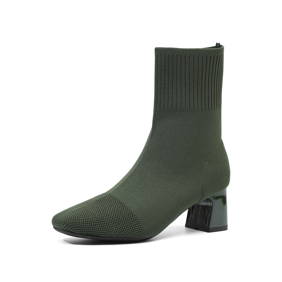 Mescini green knit square toe sock ankle boots, single shoe on a white background, US women's sizes