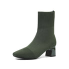 Mescini green knit square toe sock ankle boots, single shoe on a white background, US women's sizes