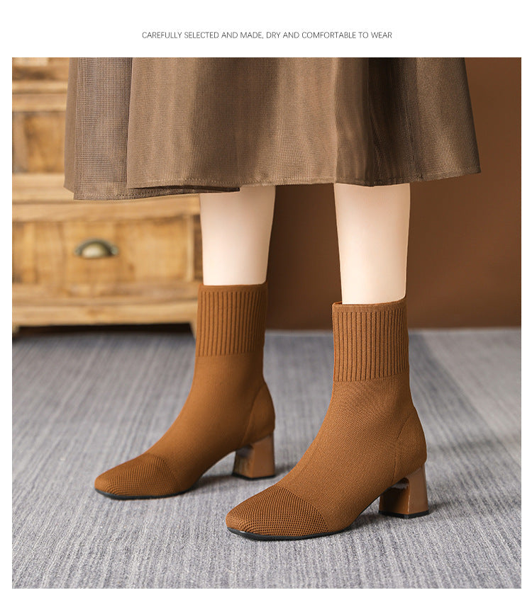 Mescini brown knit square toe sock ankle boots, worn indoors with a caption banner, US women's sizes
