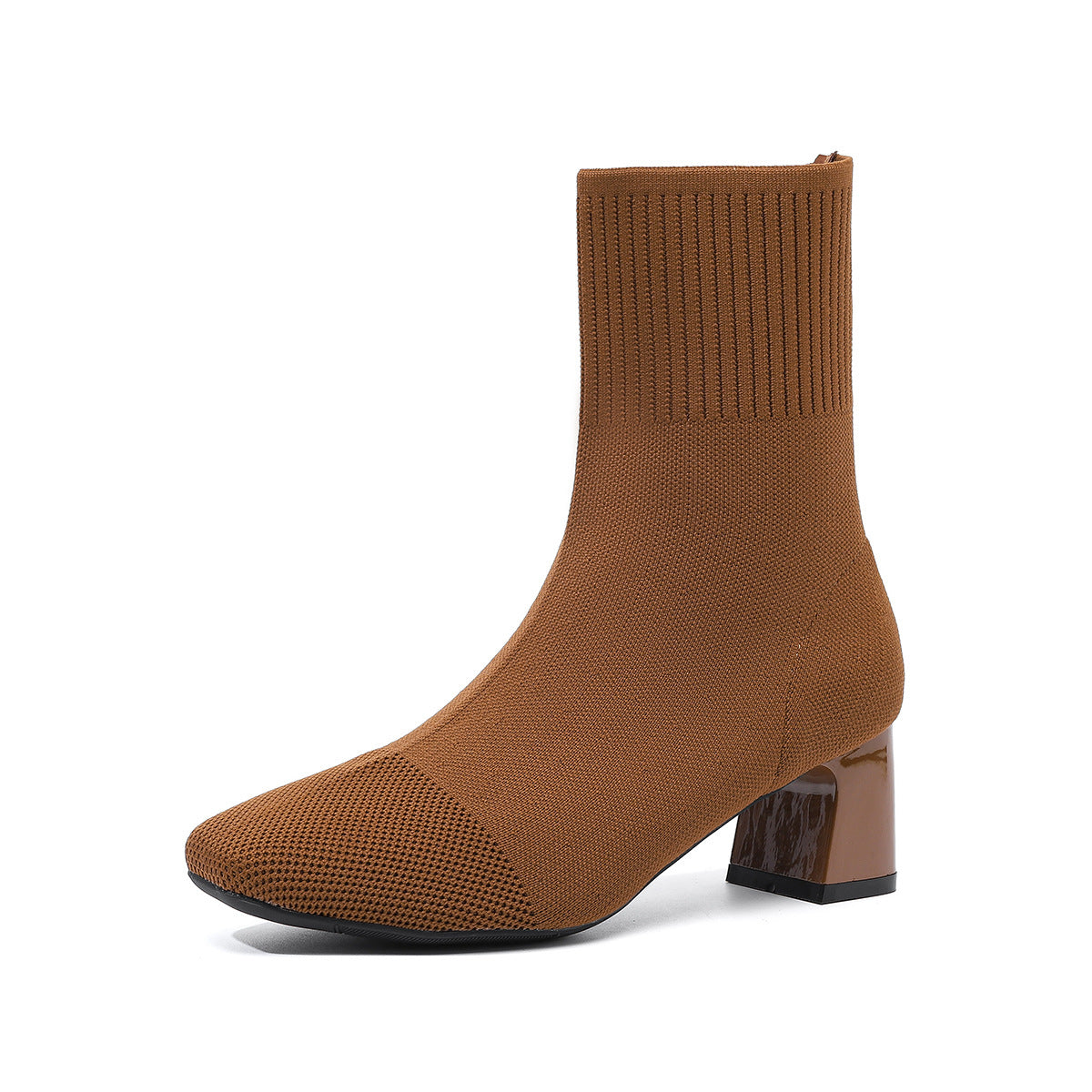 Mescini brown knit square toe sock ankle boots, single shoe on a white background, US women's sizes
