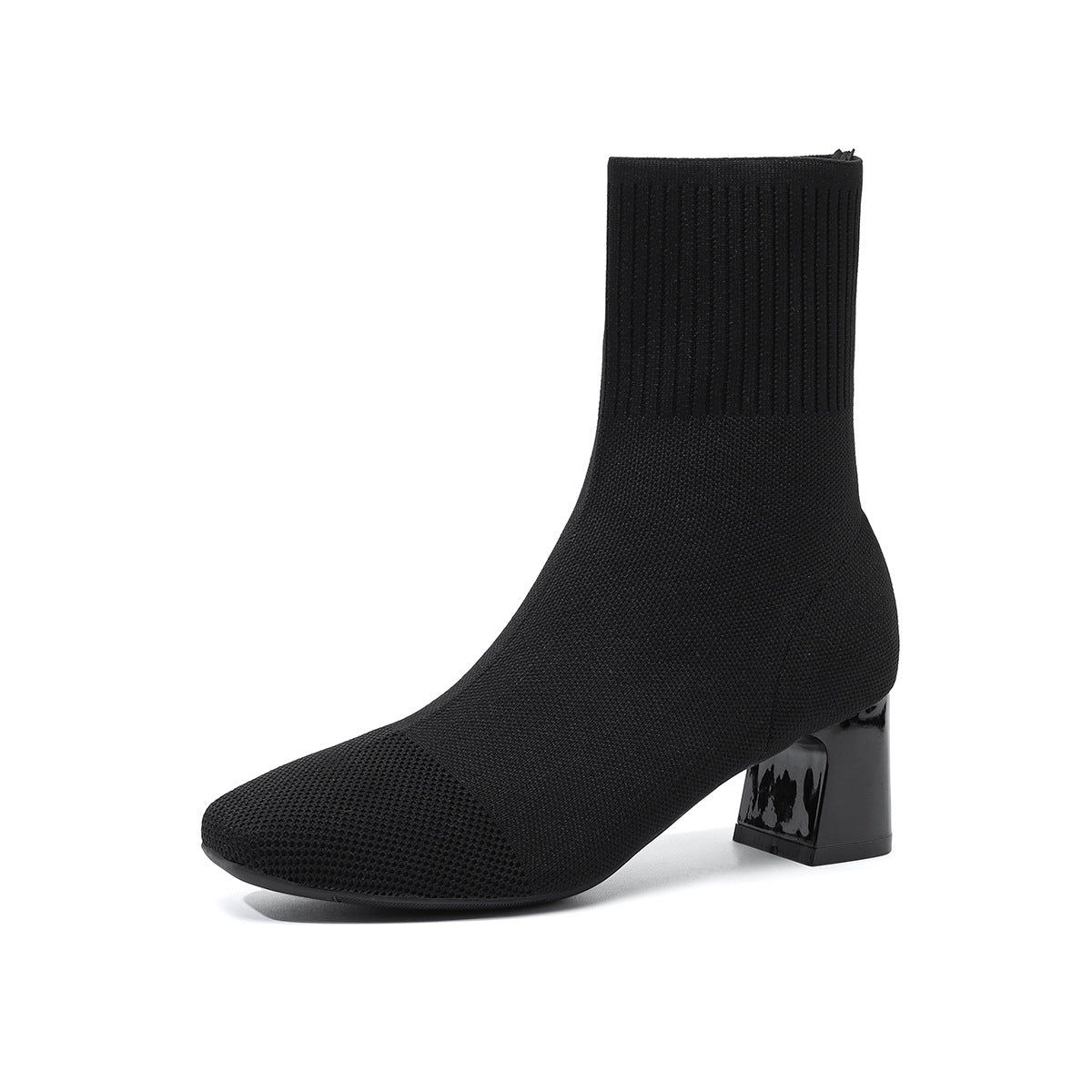 Mescini black knit square toe sock ankle boots, single shoe on a white background, US women's sizes