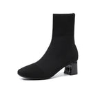 Mescini black knit square toe sock ankle boots, single shoe on a white background, US women's sizes