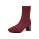 Mescini burgundy knit square toe sock ankle boots, single shoe on a white background, US women's sizes