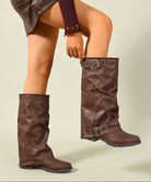 Mescini dark brown fold over slouch mid calf boots, worn as the model folds down the cuff, US women's sizes