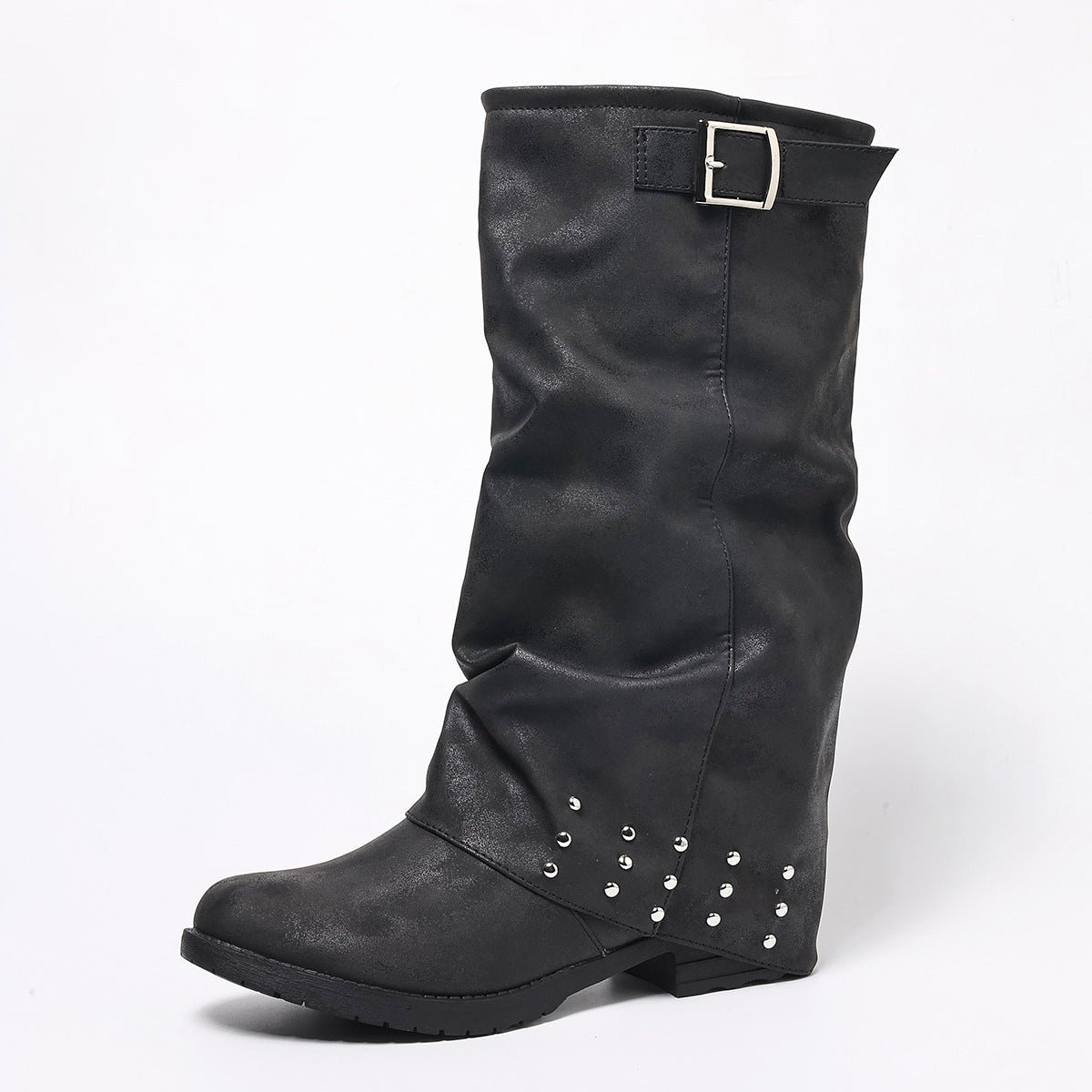 Mescini black fold over slouch boots single boot with studded panel, US women's sizes