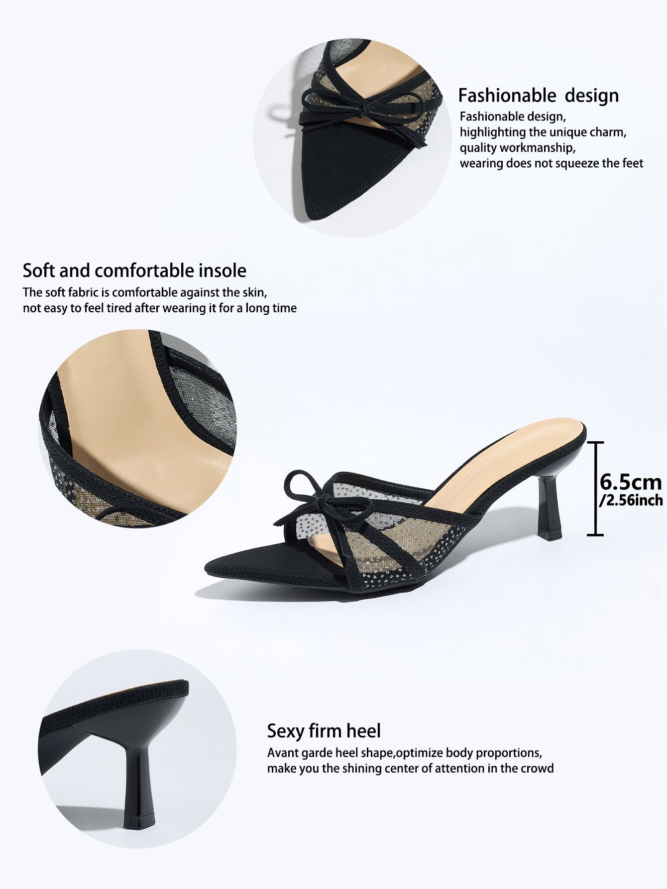 Mescini black bow mesh pointed toe mules, graphic marking the 6.5 cm heel, US women's sizes
