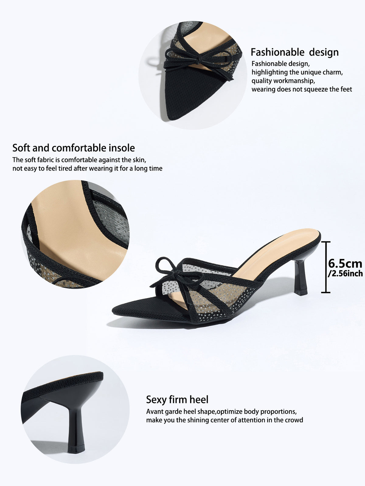 Mescini black bow mesh pointed toe mules, graphic marking the 6.5 cm heel, US women's sizes