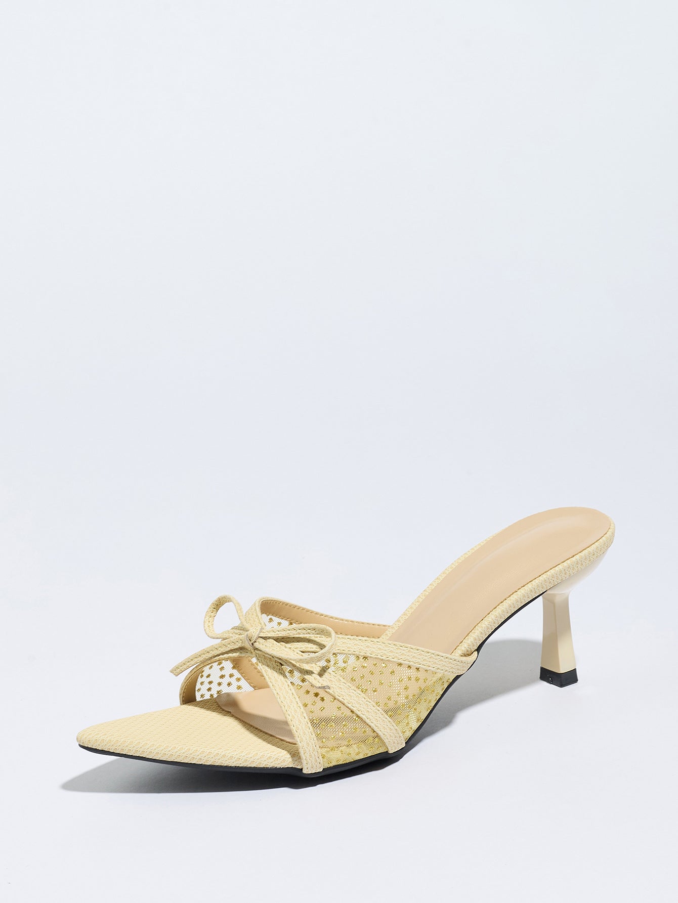 Mescini apricot bow mesh pointed toe mule heels, single shoe angled on a pale ground, US women's sizes