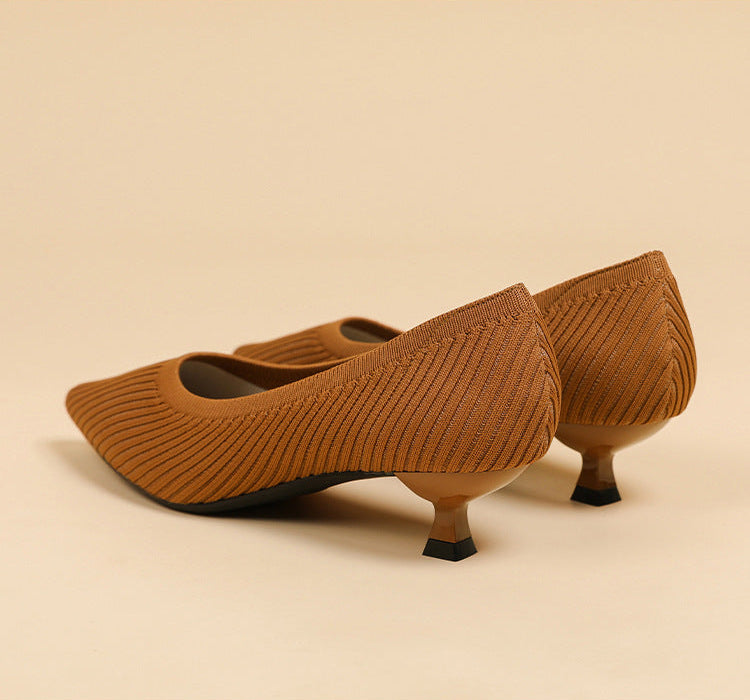 Mescini brown knit pointed toe kitten heel pumps, angled studio view of the pair, US women's sizes