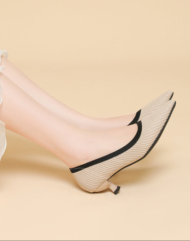 Mescini beige knit pointed toe kitten heel pumps, close up of one foot extended, US women's sizes