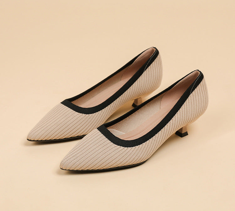 Mescini beige knit pointed toe kitten heel pumps, angled studio view of the pair, US women's sizes