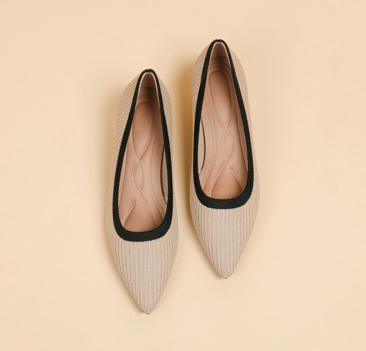 Mescini beige knit pointed toe kitten heel pumps, pair photographed from above, US women's sizes