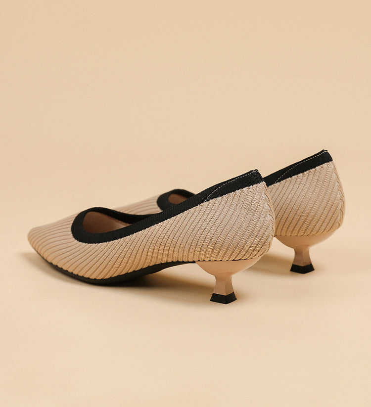 Mescini beige knit pointed toe kitten heel pumps, seen from behind at an angle, US women's sizes