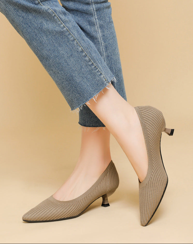 Mescini khaki knit pointed toe kitten heel pumps, worn standing with cropped jeans, US women's sizes