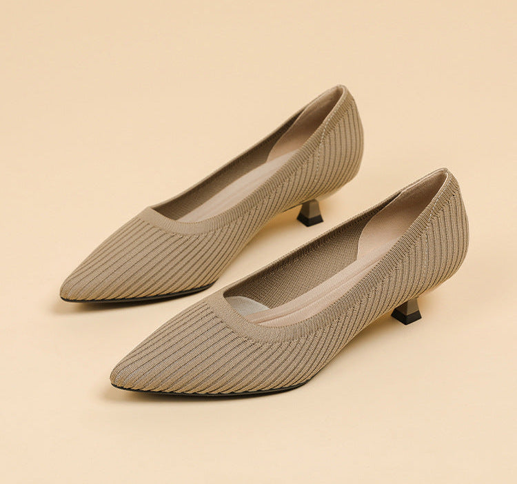 Mescini brown and khaki knit pointed toe kitten heel pumps, two pairs stacked, US women's sizes