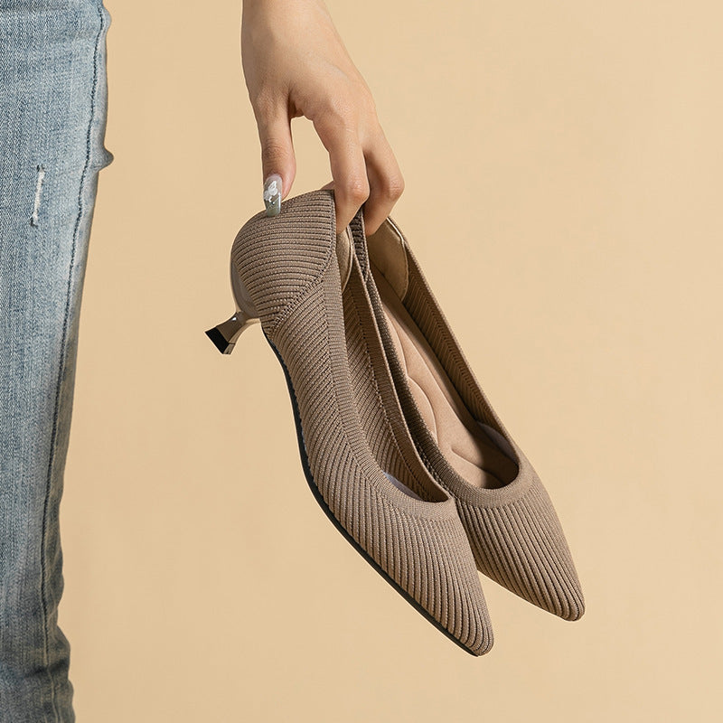 Mescini – taupe knit pointed toe kitten heel pumps held in one hand, US women's sizes