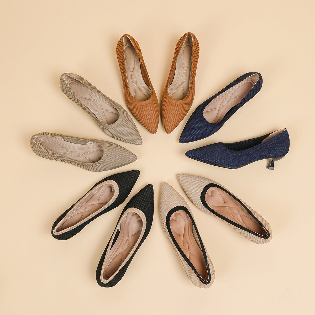 Mescini knit pointed toe kitten heel pumps in all five colors, arranged in a fan, US women's sizes