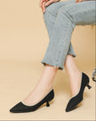 Mescini black knit pointed toe kitten heel pumps, two views worn with cropped jeans, US sizes