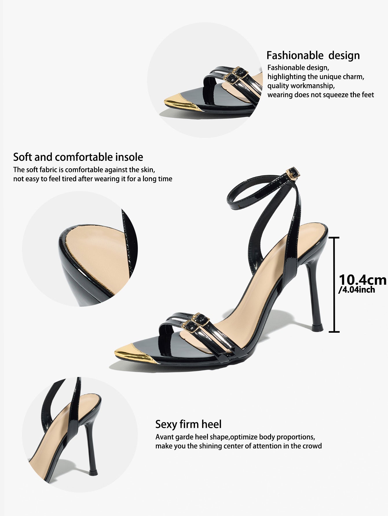 Mescini - Black ankle strap stiletto sandal, supplier spec sheet with 10.4 cm heel, US women's sizes