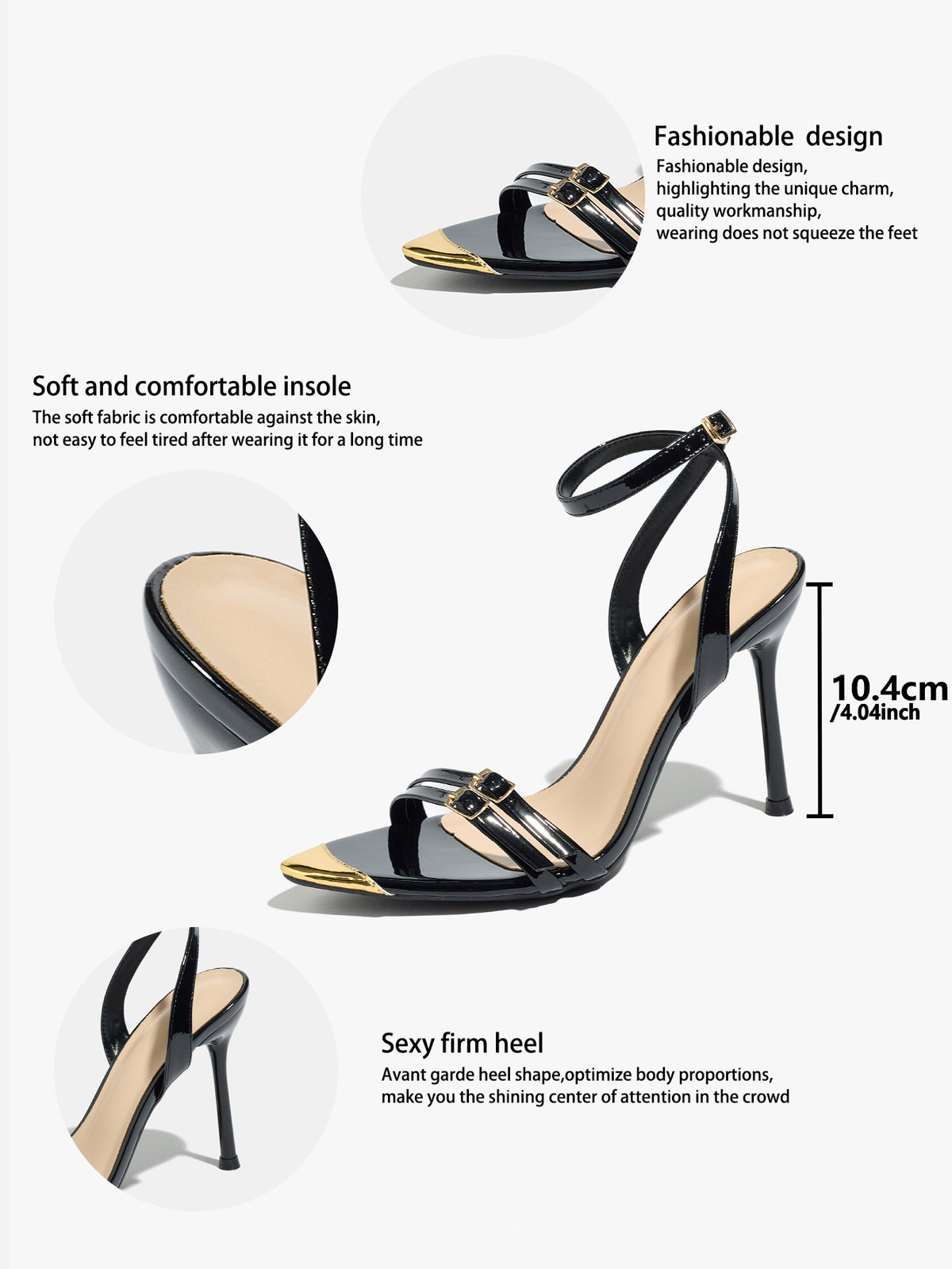 Mescini - Black ankle strap stiletto sandal, supplier spec sheet with 10.4 cm heel, US women's sizes
