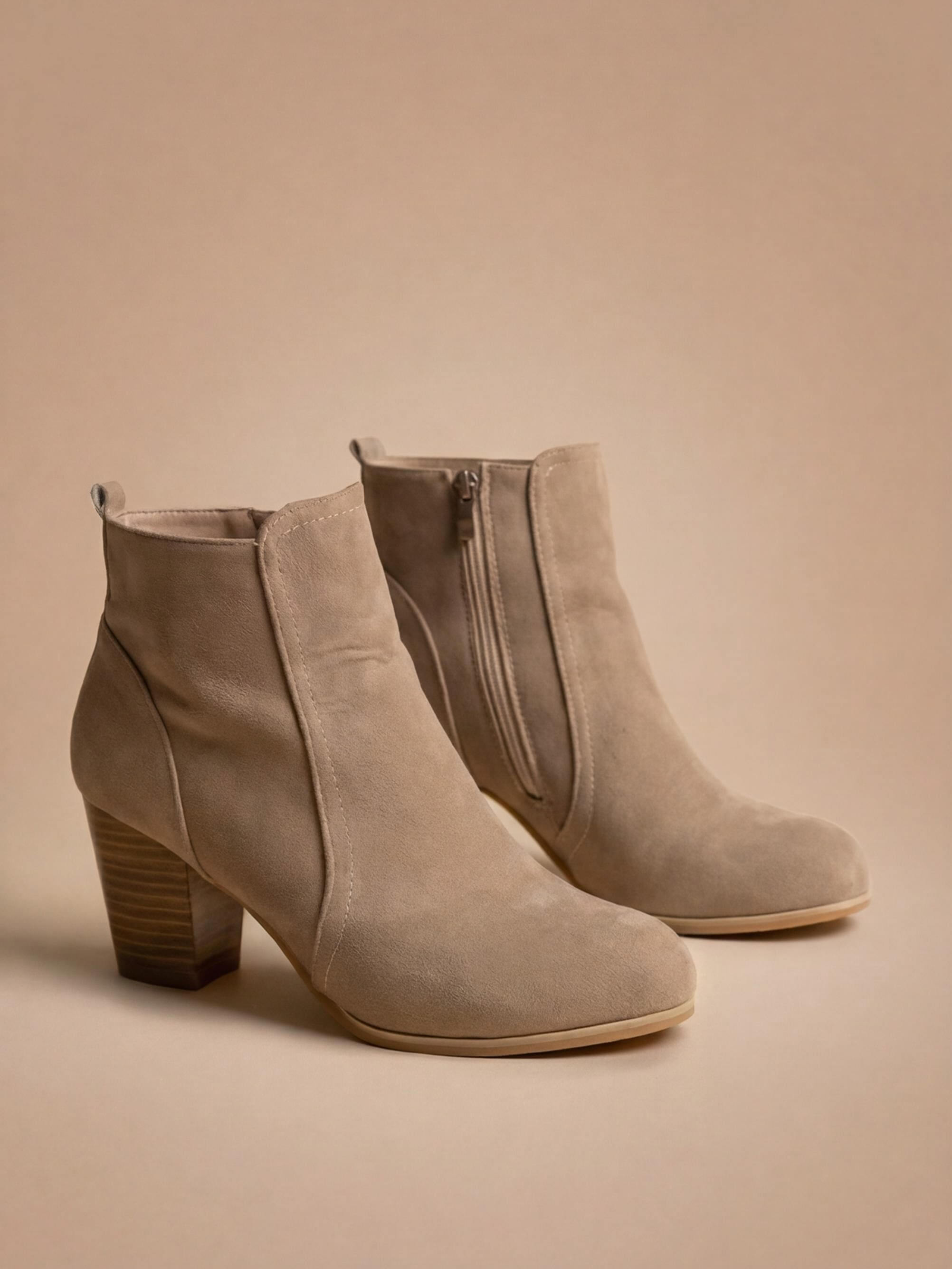 Mescini taupe round toe ankle boots with stacked block heel, angled pair view, US sizes