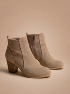 Mescini taupe round toe ankle boots with stacked block heel, angled pair view, US sizes