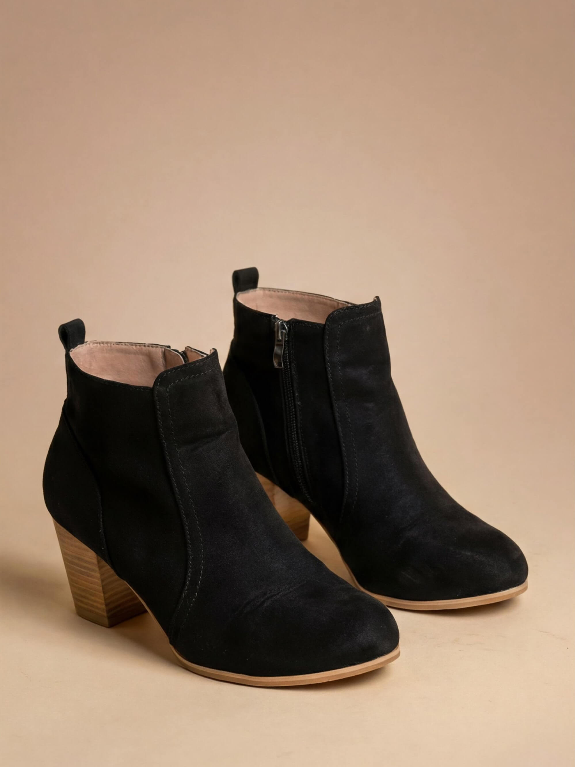 Mescini black round toe ankle boots with stacked block heel, angled pair view, US sizes