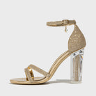 Mescini – Champagne glitter sandal with clear block heel, single shoe side view, US women's sizes