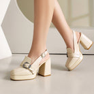 Mescini beige square toe platform slingback loafers, worn while walking on a tiled floor, US women's sizes