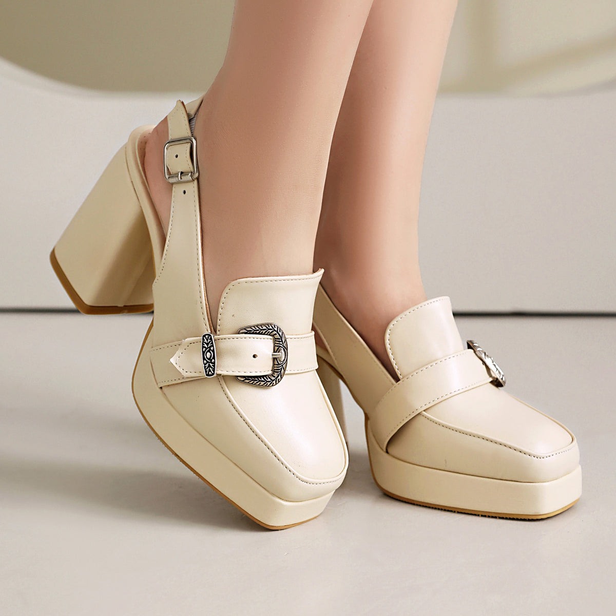 Mescini - Beige platform slingback loafers seen from the side on foot, US women's sizes