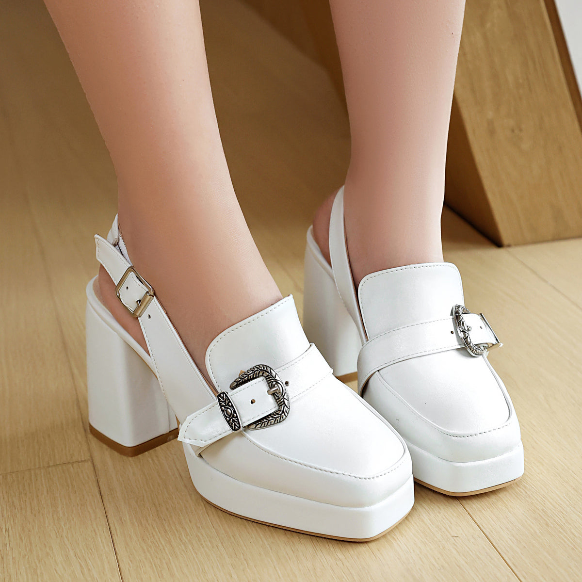 Mescini - White platform block heel loafers with buckle strap, front view, US women's sizes