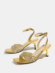Mescini gold rhinestone square toe heeled sandals, pair angled on a grey background, US women's sizes