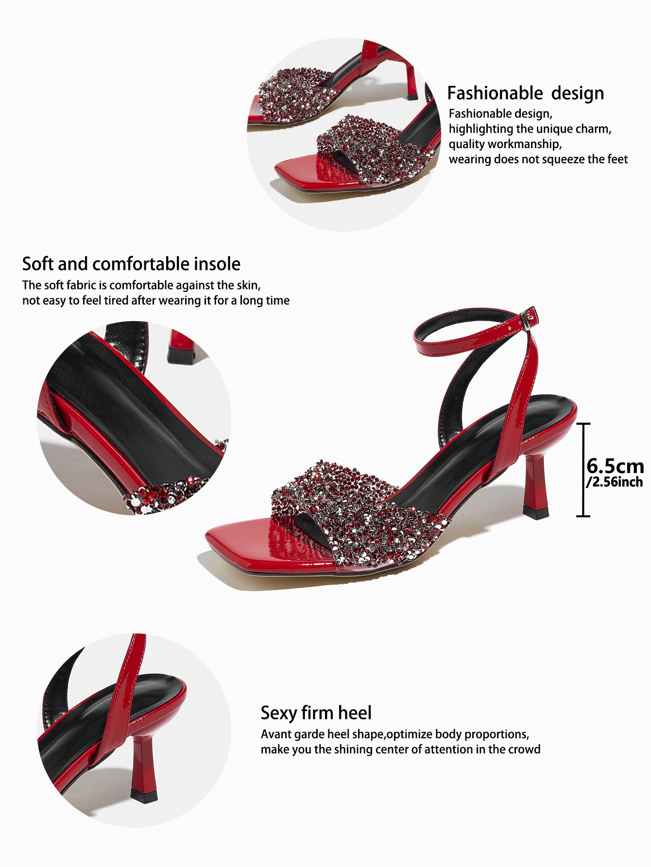 Mescini red rhinestone square toe heeled sandals, graphic with insole and fit callouts, US women's sizes