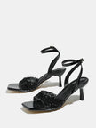 Mescini black rhinestone square toe heeled sandals, pair angled on a pale background, US women's sizes