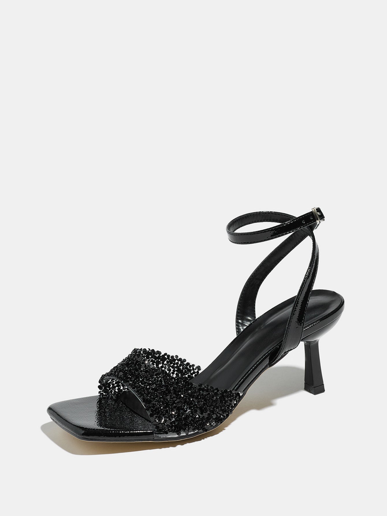 Mescini black rhinestone square toe heeled sandals, single shoe in profile view, US women's sizes