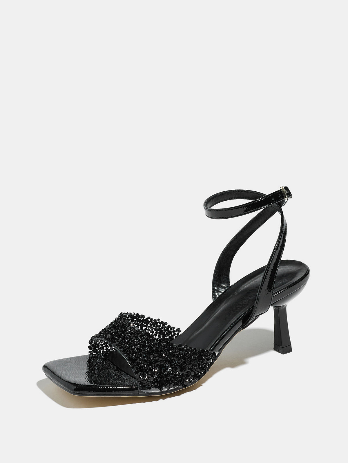Mescini black rhinestone square toe heeled sandals, single shoe in profile view, US women's sizes